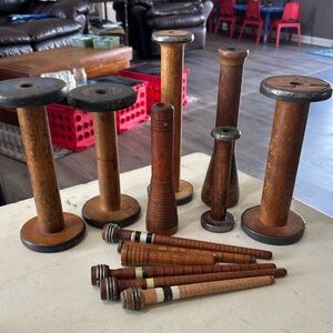 Vintage Wooden Textile Mill Thread Yarn Spools Antique Bobbin Reel Lot of 13